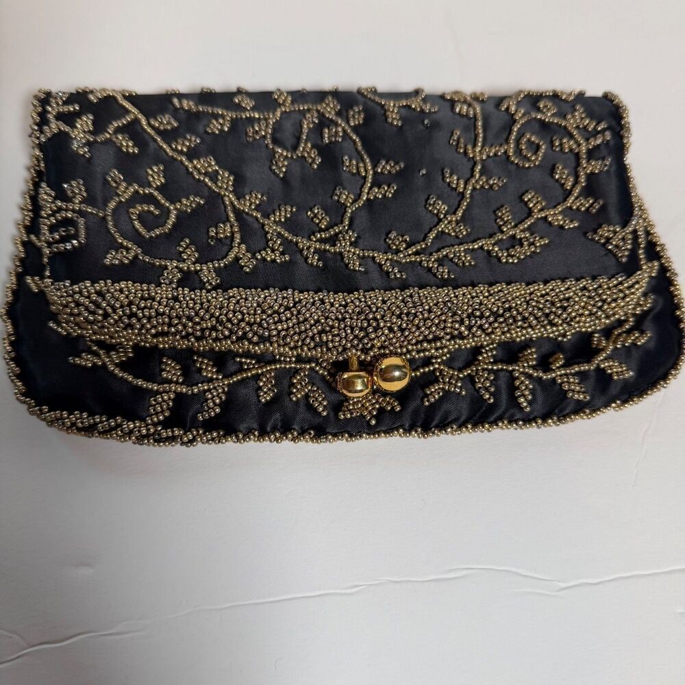 Vintage Pandora Hong Kong Black Satin Beaded Clutch Purse Kiss Lock Evening Bag